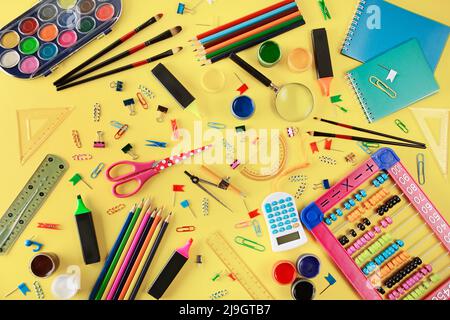 Set school supplies on yellow background. Flat lay. Top view Stock Photo