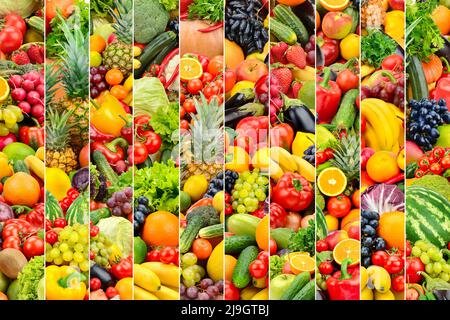 Large background vegetables and fruits divided vertical lines Stock Photo