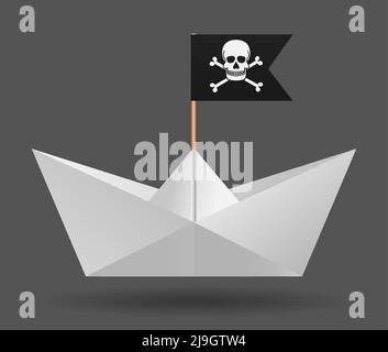 Paper boat with a pirate flag. White background. Isolated object. Vector Image. Stock Vector