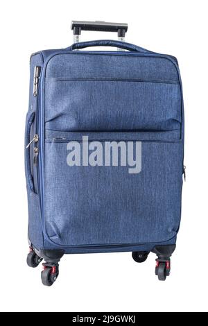 Blue cloth travel suitcase isolated on white Stock Photo