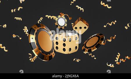 Falling golden poker chips, tokens, dices, playing cards on black with gold lights and sparkles. Poker chip and dice isolated on black background. Cel Stock Photo