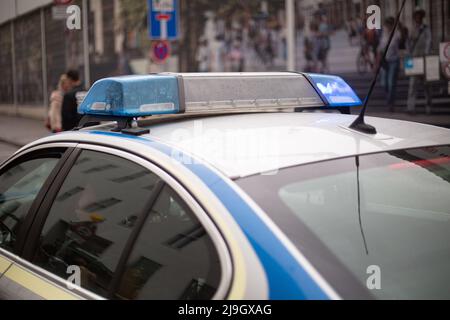 Munich, Germany. 23rd May, 2022. Police car with bluelight in operation. (Photo by Alexander Pohl/Sipa USA) Credit: Sipa USA/Alamy Live News Stock Photo