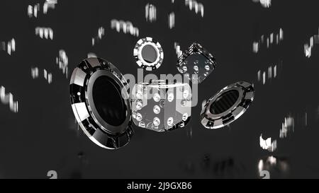 Falling golden poker chips, tokens, dices, playing cards on black with gold lights and sparkles. Poker chip and dice isolated on black white backgroun Stock Photo