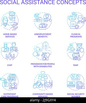 Social assistance blue gradient concept icons set Stock Vector