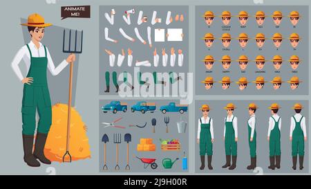 Female Farmer Character Constructor set with Various Gestures and Poses, Tools, and Face expressions with Lip sync Premium Illustration Stock Vector