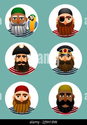 Pirates avatars collection. Set of portraits of sailors in a round shape. Vector illustration. Stock Vector