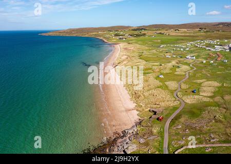 Aerial view of Big Sands Beach and Sands Caravan Park on North Coast 500 route, Wester Ross, Scottish Highlands, Scotland Stock Photo