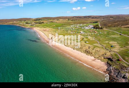 Aerial view of Big Sands Beach and Sands Caravan Park on North Coast 500 route, Wester Ross, Scottish Highlands, Scotland Stock Photo