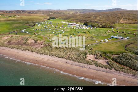 Aerial view of Big Sands Beach and Sands Caravan Park on North Coast 500 route, Wester Ross, Scottish Highlands, Scotland Stock Photo