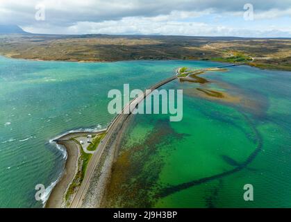 Aerial view from drone of Kyle of Tongue Causeway in Sutherland, Scottish Highlands, Scotland, Stock Photo