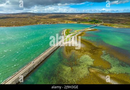 Aerial view from drone of Kyle of Tongue Causeway in Sutherland, Scottish Highlands, Scotland, Stock Photo