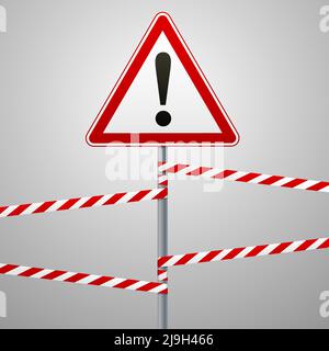 Caution - danger Warning sign safety. A red triangle with a black image. The sign on the pole and protecting ribbons. Vector Image. Stock Vector