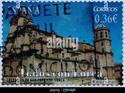 Photo of a Spanish postage stamp issued after the earthquake in Lorca with an image of St Patricks church 2012 Stock Photo