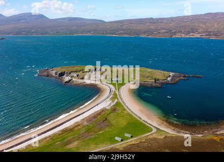 Aerial view of old Ferry House, lime kilns and beaches at Ard Neakie in Loch Eriboll, Scottish Highlands, Sutherland, Stock Photo