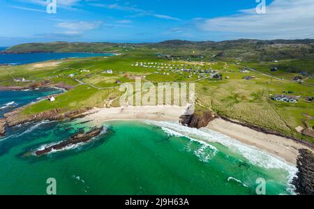 Aerial view from drone of beach at Clachtoll in Assynt, Sutherland, Highland, Scotland Stock Photo