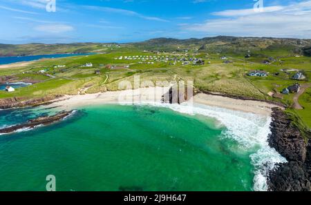 Aerial view from drone of beach at Clachtoll in Assynt, Sutherland, Highland, Scotland Stock Photo