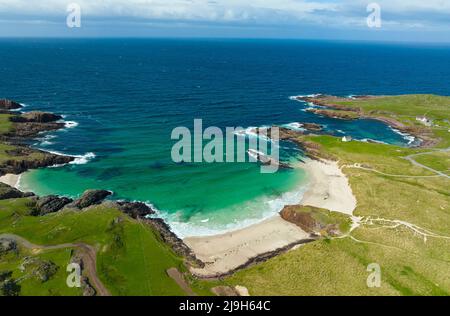 Aerial view from drone of beach at Clachtoll in Assynt, Sutherland, Highland, Scotland Stock Photo