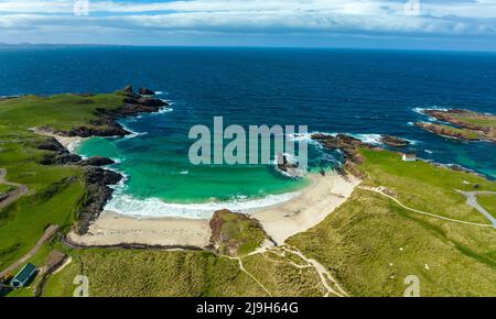 Aerial view from drone of beach at Clachtoll in Assynt, Sutherland, Highland, Scotland Stock Photo