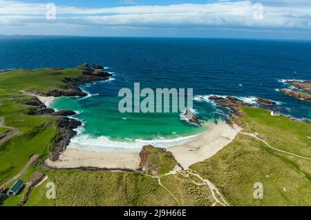 Aerial view from drone of beach at Clachtoll in Assynt, Sutherland, Highland, Scotland Stock Photo