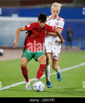 Tel Aviv, Israel. 23rd May, 2022. João Miguel Fins Veloso (8 Portugal) and Oscar O. Hojlund (20 Denmark) battle for the ball (duel) during the UEFA Under 17 European Championship 2022 football match between Portugal and Denmark at Ramat-Gan-Stadium in Tel Aviv, Israel. Alan Shiver/SPP Credit: SPP Sport Press Photo. /Alamy Live News Stock Photo