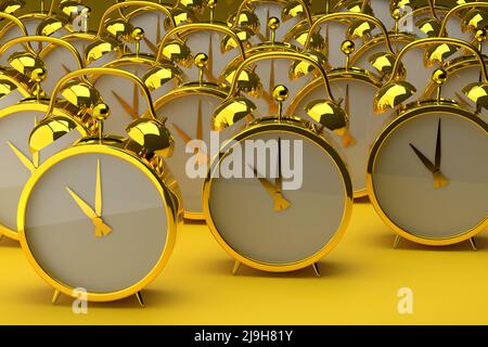 Many golden alarm clocks on a yellow background. Time management, deadline concept. 3D render. Stock Photo