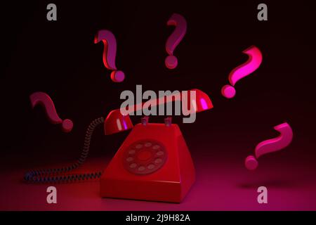 Unknown call concept. Retro phone in red color with question marks. 3D render. Stock Photo