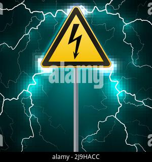 Warning sign. Electrical hazard. Fenced danger zone. pillar with sign. Lightning strikes. Flash arcing. Fantastic background. Vector illustration Stock Vector