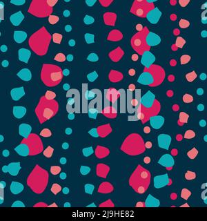Stripes and strings of Petals and Dots of Red Pink Teal on a Dark Green background  Stock Vector