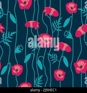 Red Poppies on dark Green Forest background Stock Vector