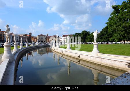Prato della Valle in Padua City in ITALY in Veneto REGION is a great public square with central island surrounded by many statues of famous historical Stock Photo