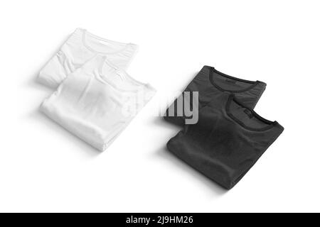 Blank black and white folded square t-shirt mockup pair, isolated Stock Photo