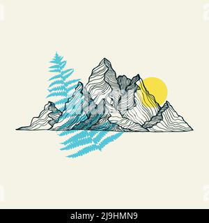 Mountains, sun and fern line art vector print. Vector illustration for textile prints, cards, design,logo. Stock Vector