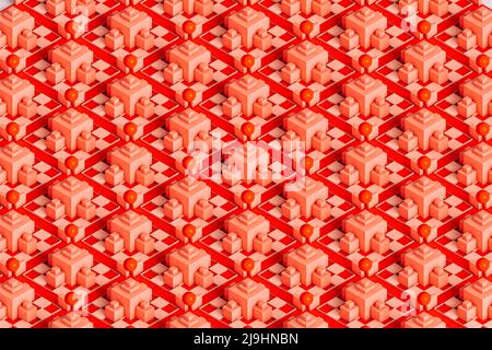 Three dimensional pattern of pastel colored cubes, floating spheres and checkerboards Stock Photo