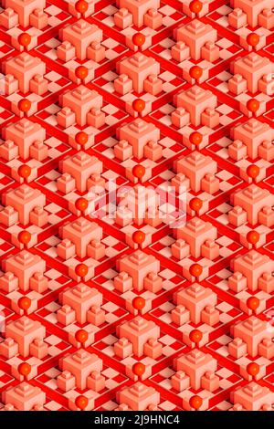 Three dimensional pattern of pastel colored cubes, floating spheres and checkerboards Stock Photo