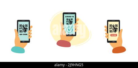 Scan the QR code with the phone. smartphone in hand.  QR code for mobile application, payment or travel check covid. Vector illustration flat style. Stock Vector