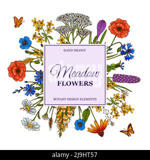 Hand drawn square summer wildflowers frame with butterflies. Vector illustration Stock Vector