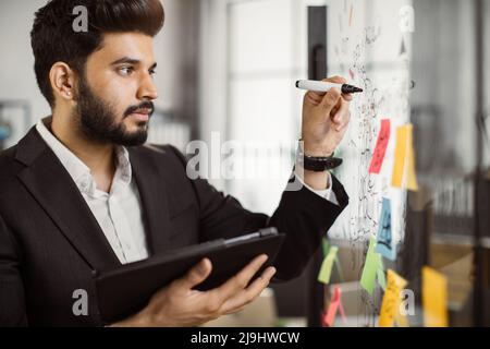 Serious indian entrepreneur writing tasks and making reminders for employees on glass wall. Confident handsome man using digital tablet while planning working week. Stock Photo