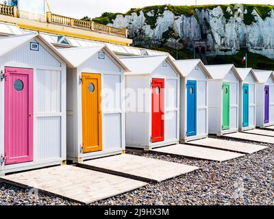 Colorful bathing huts in Le Treport beach, Normandy, France Stock Photo