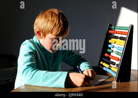 Boy doing homework with abacus on table at home Stock Photo