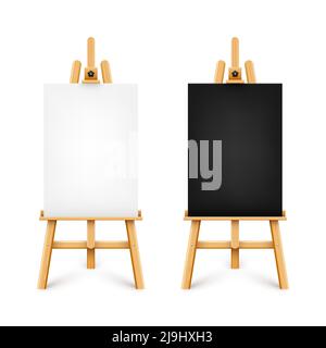 Realistic paint desk with blank black and white canvas. Wooden easel and a sheet of drawing paper. Presentation board on a tripod. Artwork mockup Stock Vector