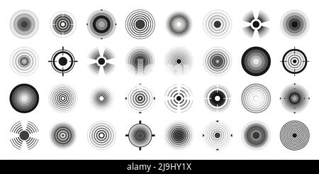Various weapon sights, black crosshair icons. Aim, shooting mark symbol. Military target sign, silhouette. Radial sonar sound waves, radio signal Stock Vector