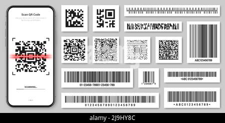 Product barcodes and QR codes. Smartphone application, scanner app. Identification tracking code. Serial number, product ID with digital information Stock Vector