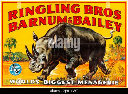 Vintage Circus Poster (Ringling Bros Barnum & Bailey, c. 1940) Rhino. Worlds biggest menagerie. The Greatest Show on Earth. Stock Photo