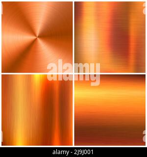 Realistic copper banners collection. Brushed stainless steel plate. Polished metal surface. Scratched industrial texture, metal background. Vector Stock Vector