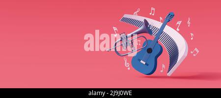 Musical instruments with flying music notes isolated on pink background 3d render 3d illustration Stock Photo