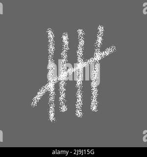 White chalk drawn tally mark on gray background. Four handdrawn sticks crossed out by slash line. Counting stripes on chalkboard. Unary numeral system sign. Vector realistic illustration Stock Vector