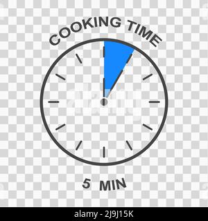 Clock face with 5 min time interval. Cooking time icon. Five minutes timer symbol. Infographic element for food preparation instructions isolated on transparent background. Vector flat illustration Stock Vector