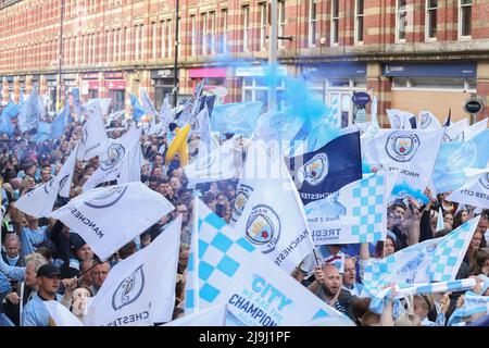 Manchester, UK. 23rd May 2022 Manchester City FC celebrate winning the 2021-2022 with an open top bus celebration through manchester city centre Credit: Sharon Dobson/Alamy Live News Stock Photo