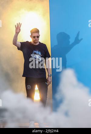 Manchester, UK. 23rd May 2022 Manchester City's Kevin De Bruyne on stage as they celebrate winning the 2021-2022 with an open top bus celebration through manchester city centre Credit: Sharon Dobson/Alamy Live News Stock Photo