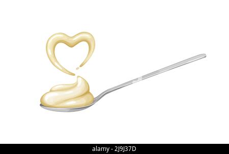 Spoon with white mayonnaise sauce und heart shaped splash.Realistic vector Stock Vector